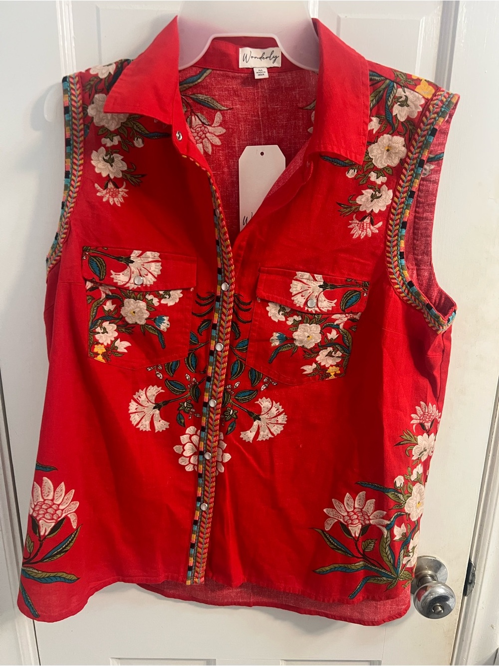 Wonderly Red Floral Embroidered Sleeveless Shirt